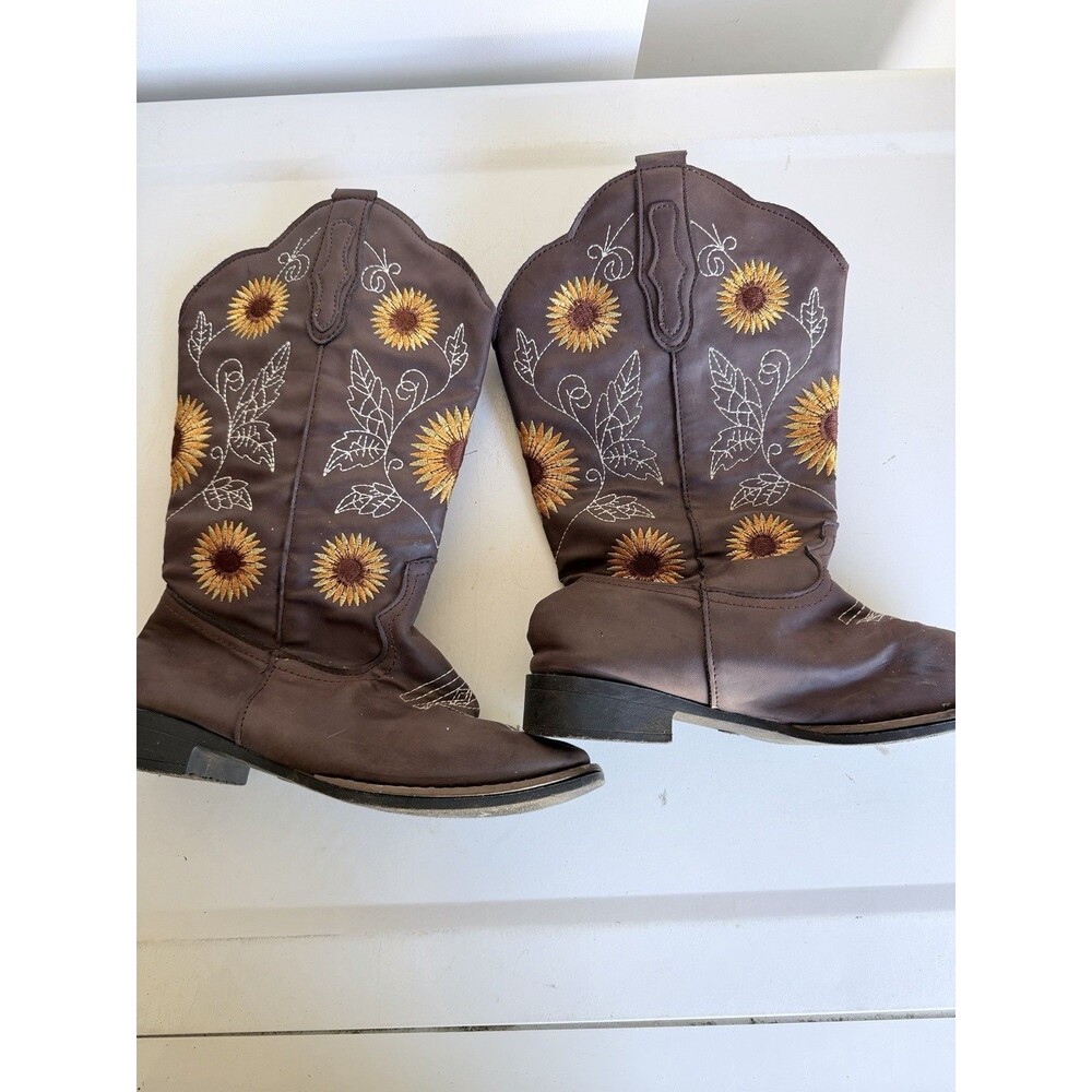 Sunflower Western Cowboy Boots 39 Brown Floral Square Toe Mid-Calf